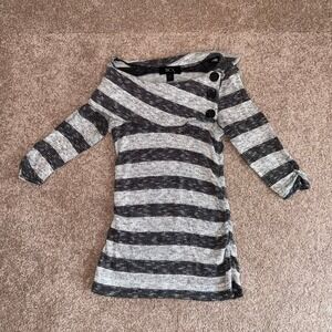 BCX Women's Grey & Black Striped 1/2 Sleeve Top, Button Detail - Size Medium Y2K